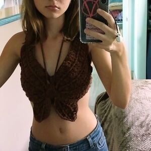 Handmade Butterfly Crochet Crop Top - Brown